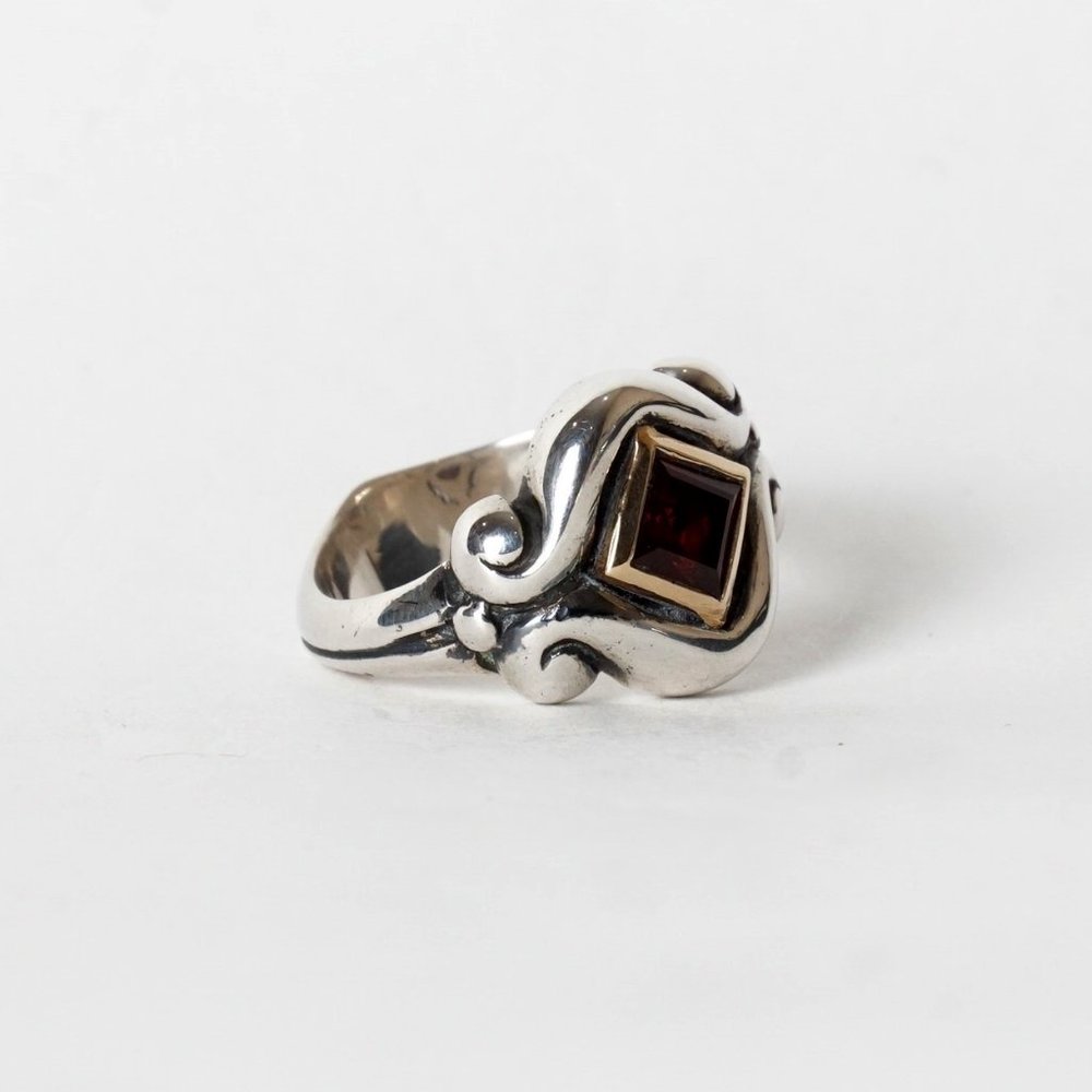 Designer Silver Ring 14k Gold Bezel and Garnet